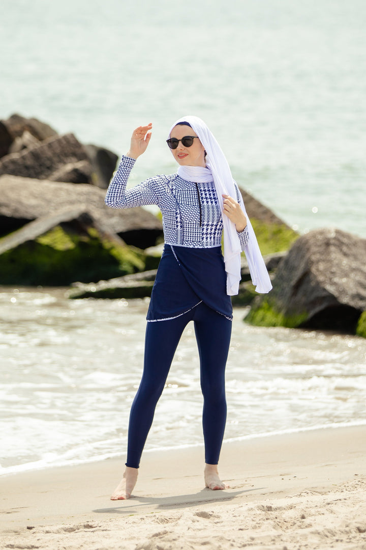 Blue houndstooth print 3-piece modest swimsuit outfit