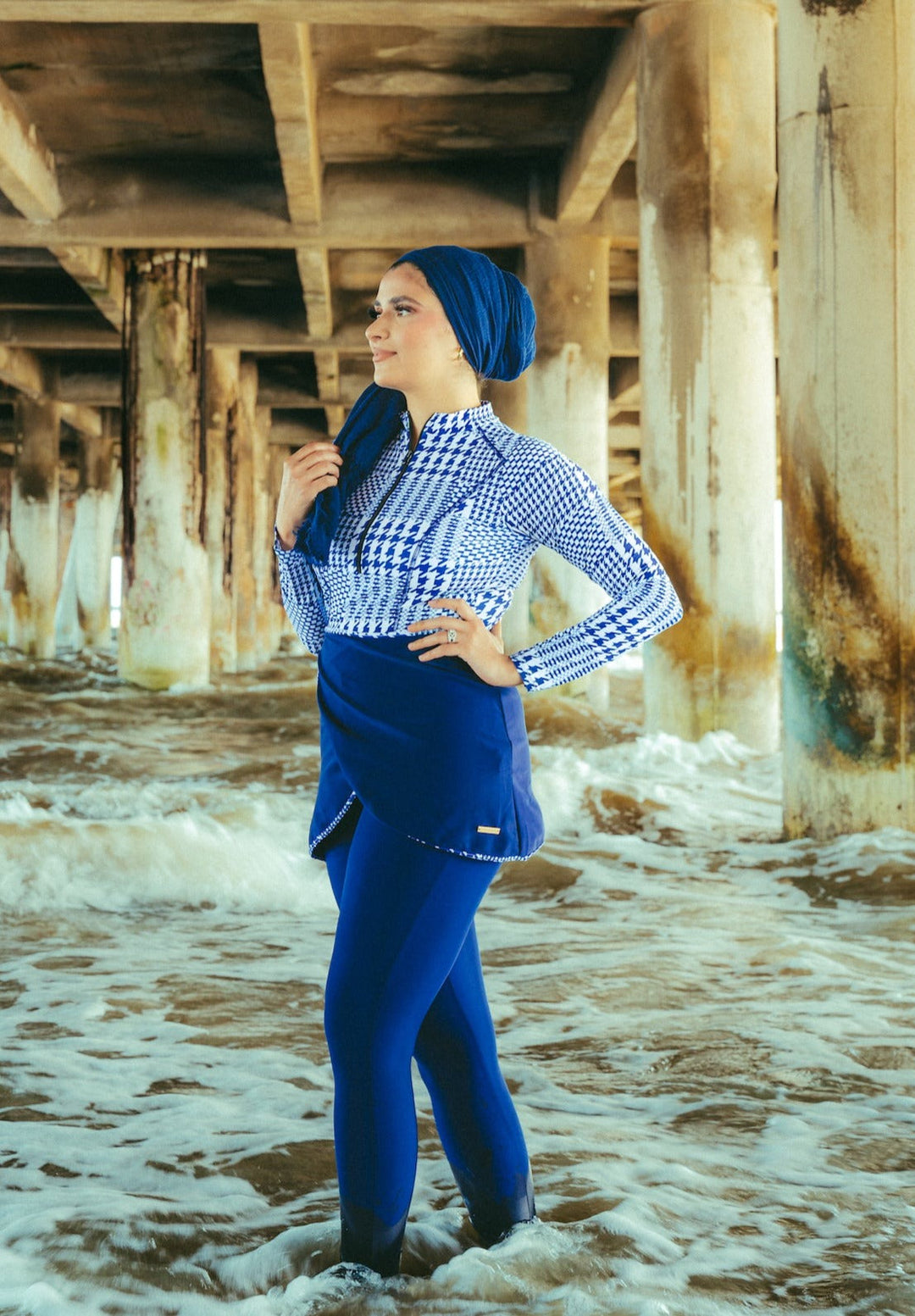 Modest blue and white houndstooth print 3-piece swimsuit