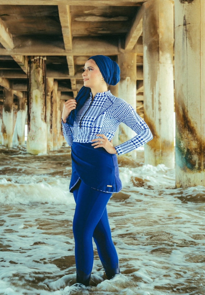 Modest blue and white houndstooth print 3-piece swimsuit