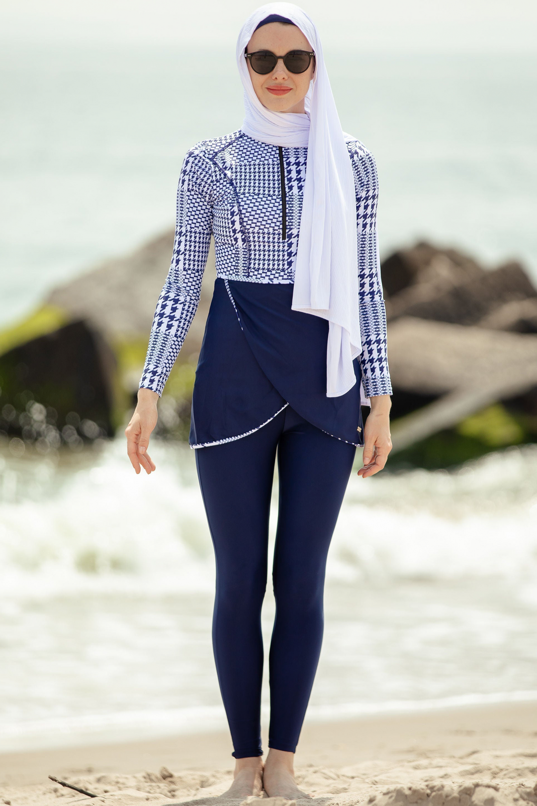 Blue houndstooth print 3-piece modest swimsuit with hijab