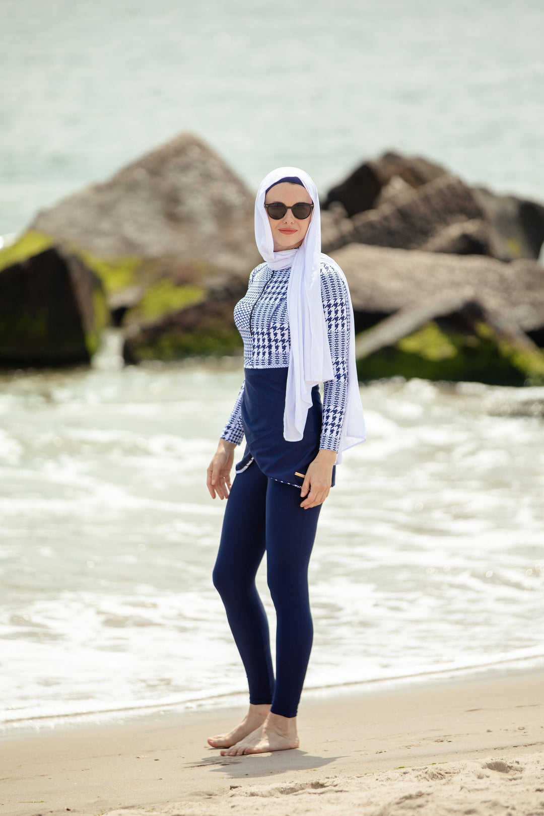 Blue Houndstooth Print 3-Piece Modest Swimsuit with Hijab