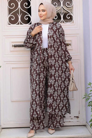 Brown Abstract Cardigan and Pants Set One Size S XL