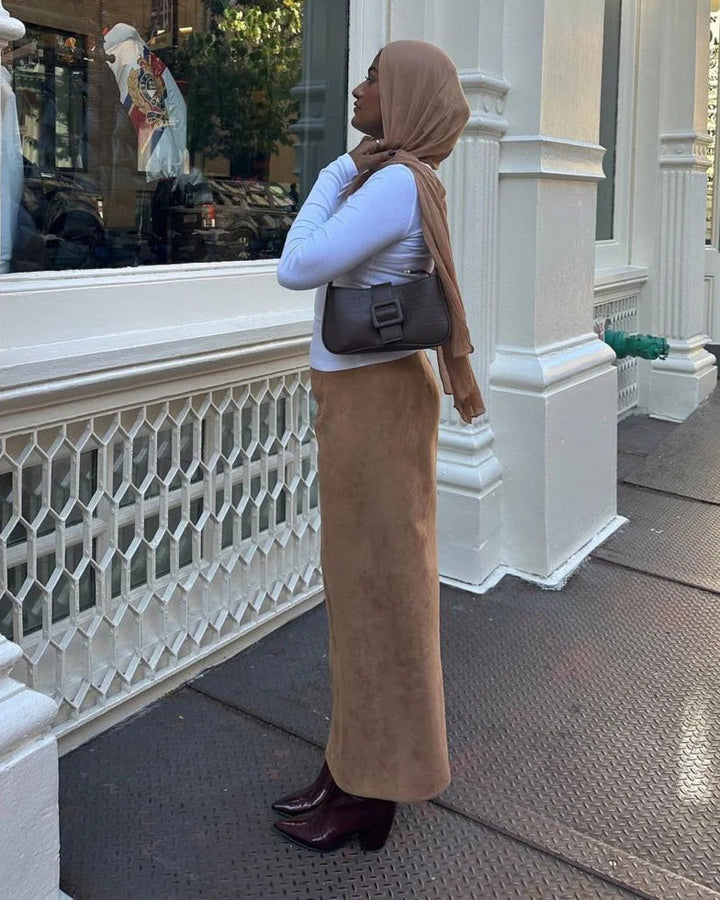 Camel Suede Pencil Maxi Skirt-CLEARANCE