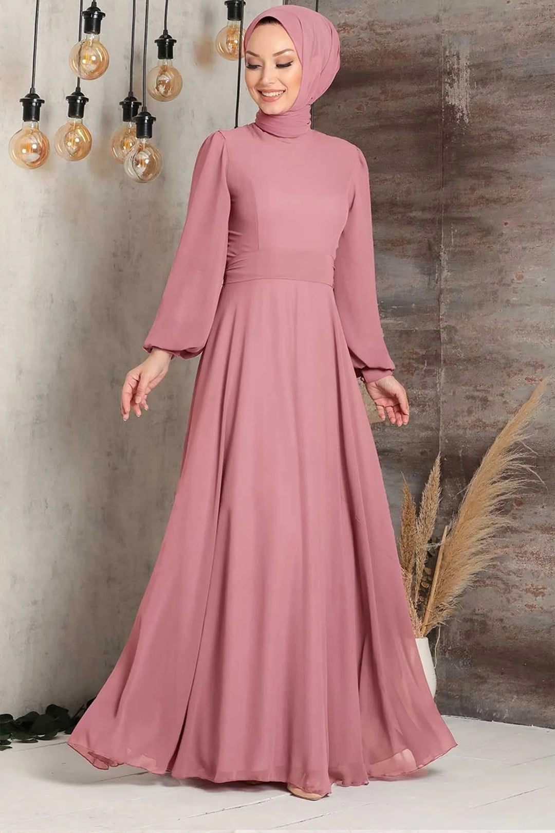 Chiffon Long Sleeve Gown - Dusty Pink / Small