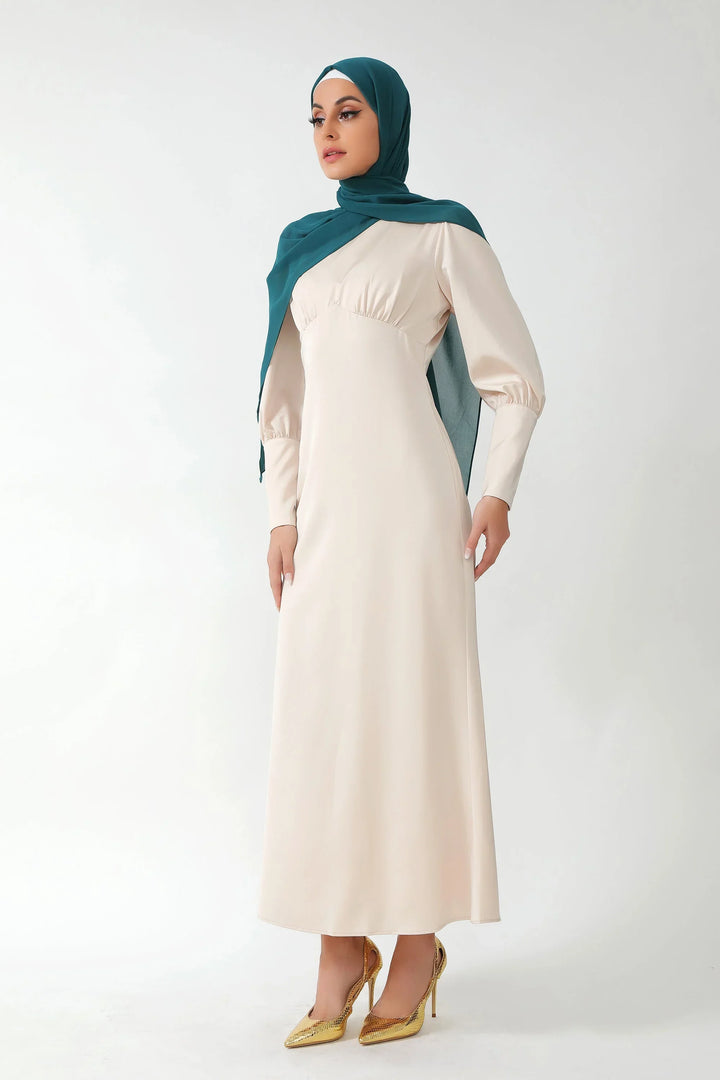 Cream Satin Long Sleeve Maxi Dress