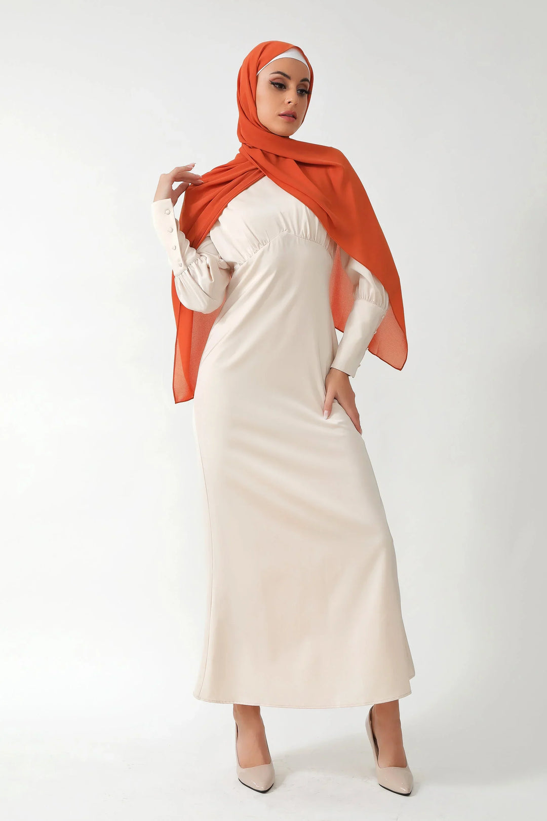 Cream Satin Long Sleeve Maxi Dress