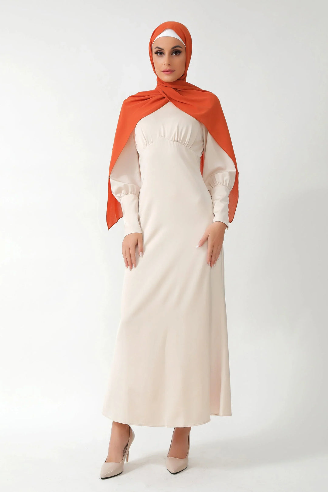 Cream Satin Long Sleeve Maxi Dress