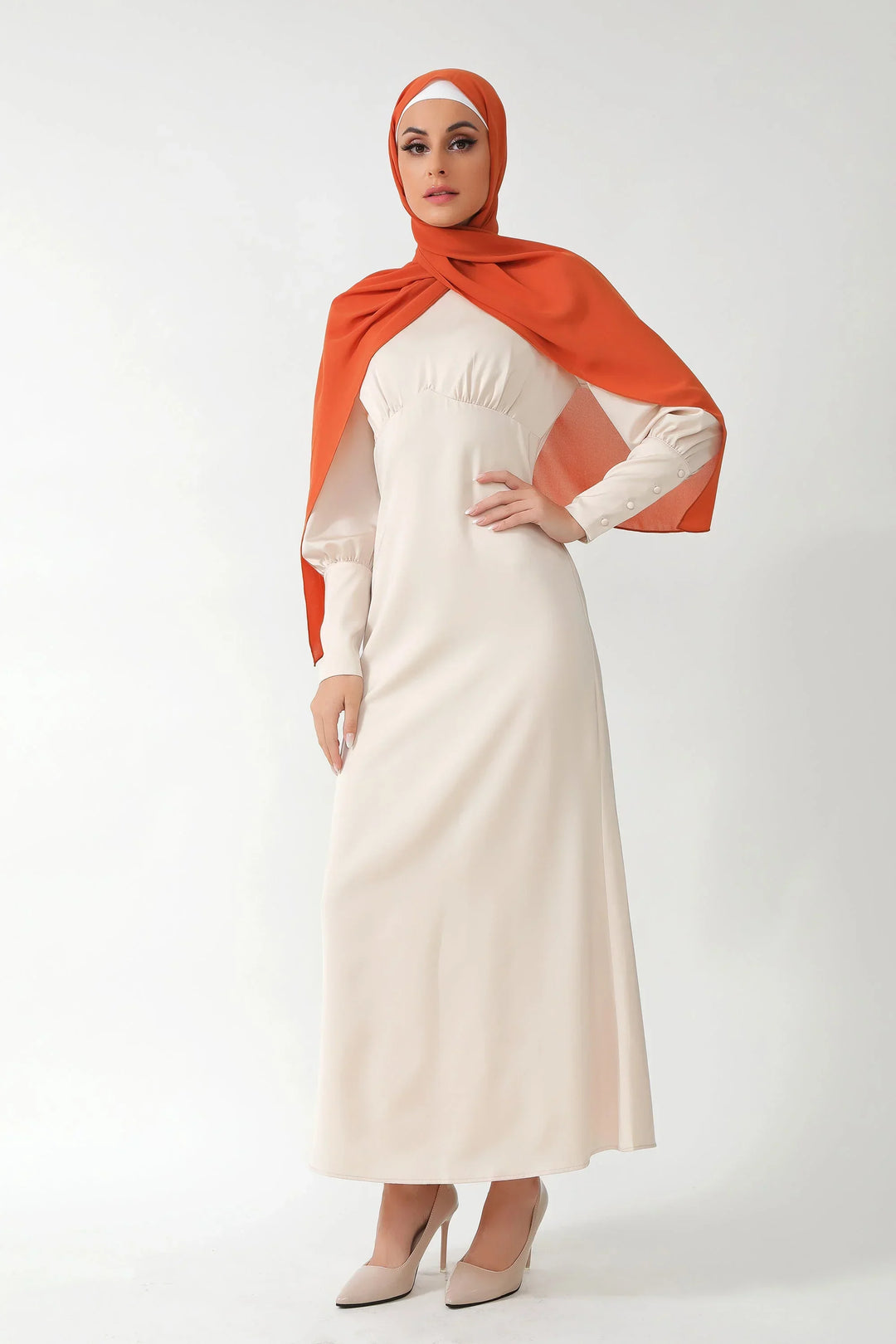 Cream Satin Long Sleeve Maxi Dress