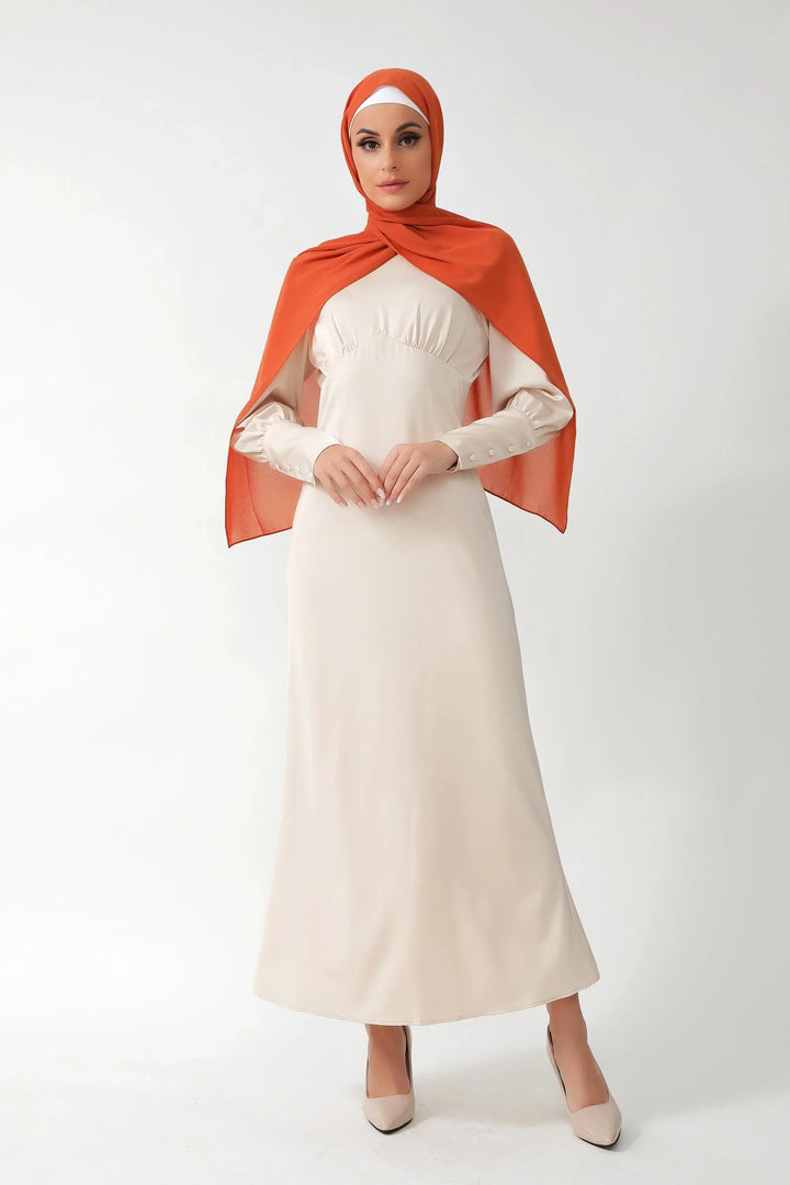 Cream Satin Long Sleeve Maxi Dress