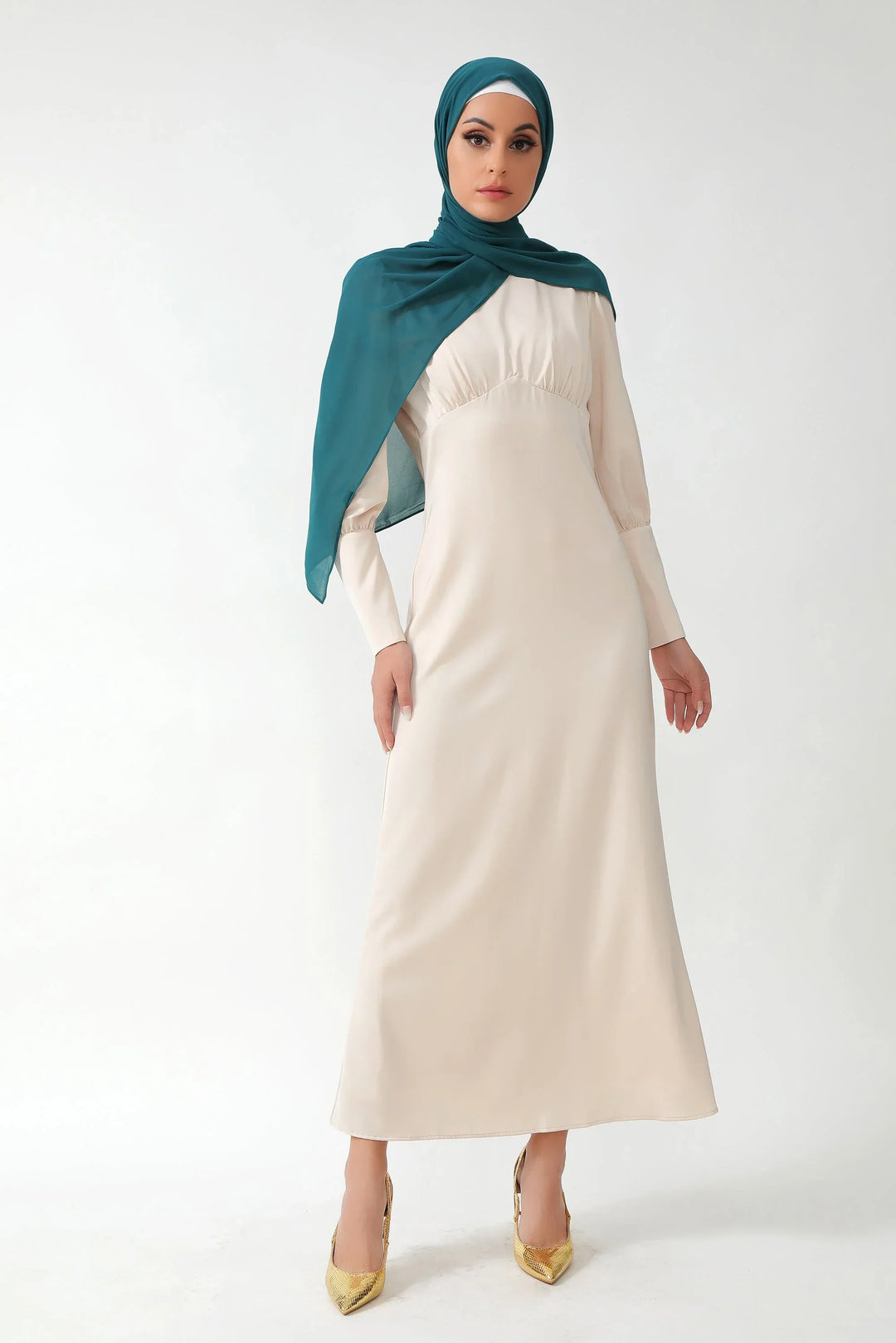 cream satin maxi dress long sleeve Structured Shoulder Design Satin High-Neck Fitted Maxi Dress - Cream 10