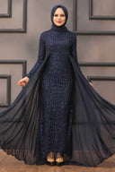 Lace With Attached Chiffon Attached Skirt Gown - Navy / Small