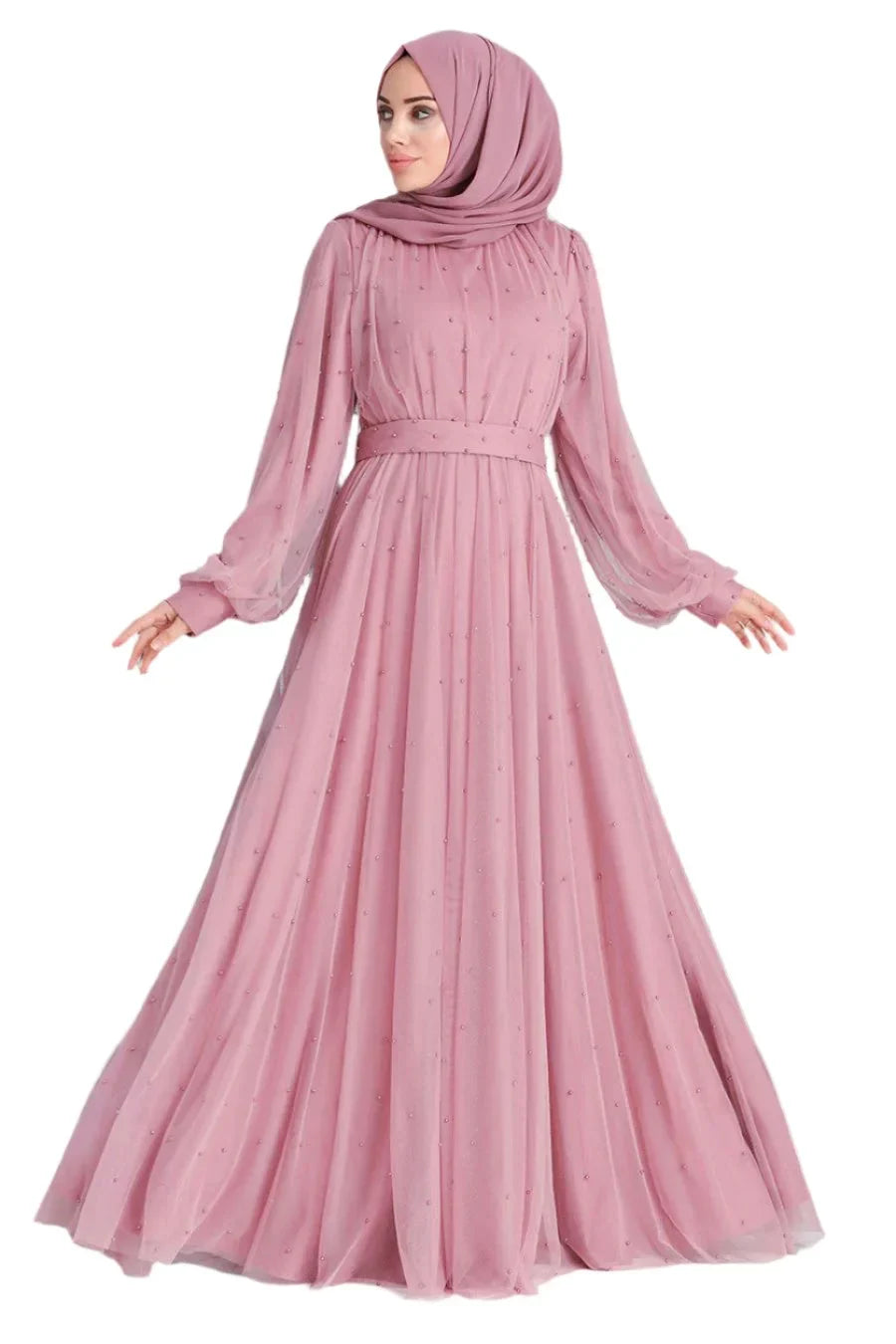 Mesh Pearl Long Sleeve Modest Gown
