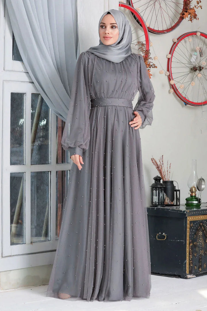 Mesh Pearl Long Sleeve Gown (More Colors) - Small / Gray