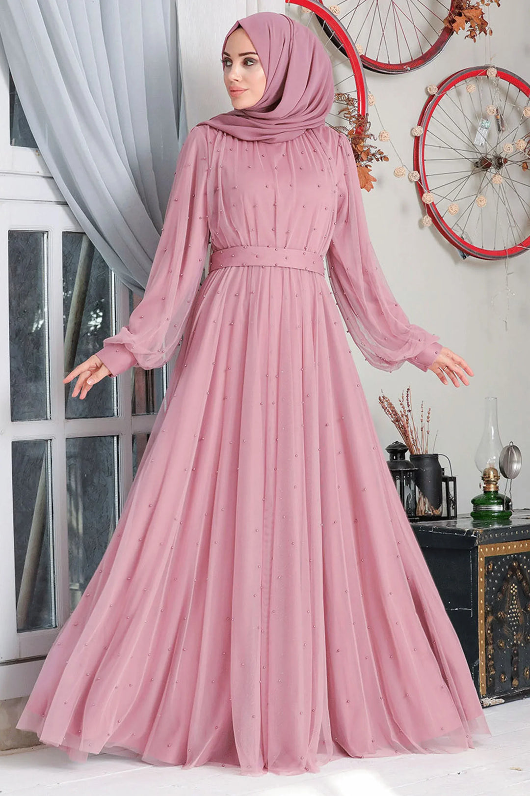 Mesh Pearl Long Sleeve Gown (More Colors) - Small / Pink