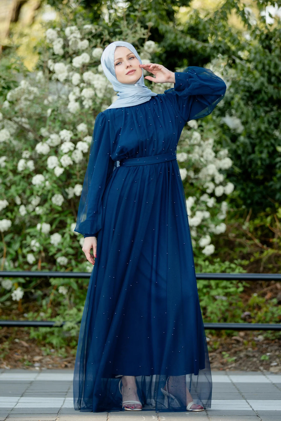 Mesh Pearl Long Sleeve Gown (More Colors)