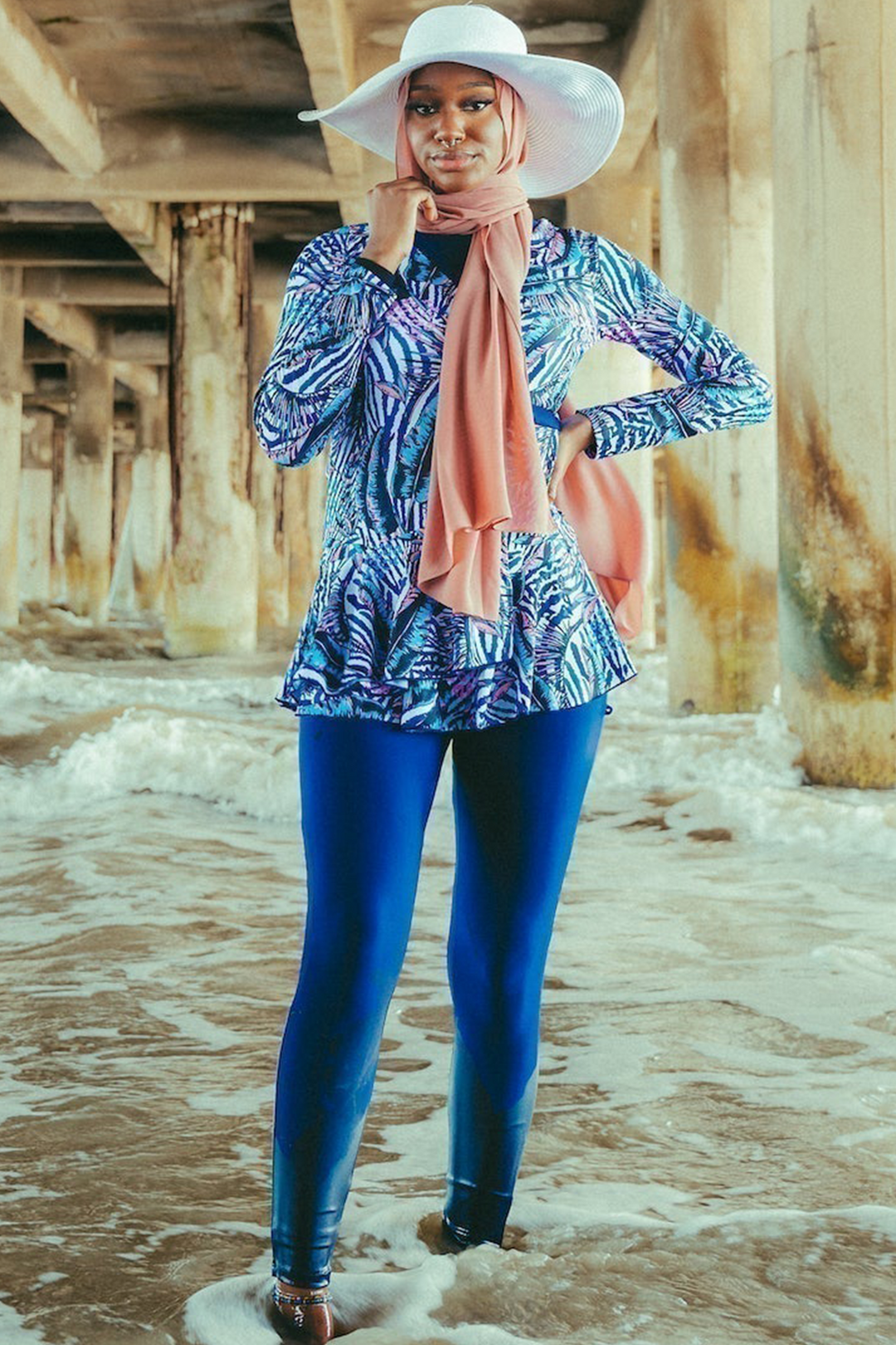 Navy floral ruffle 3-piece modest swimsuit outfit