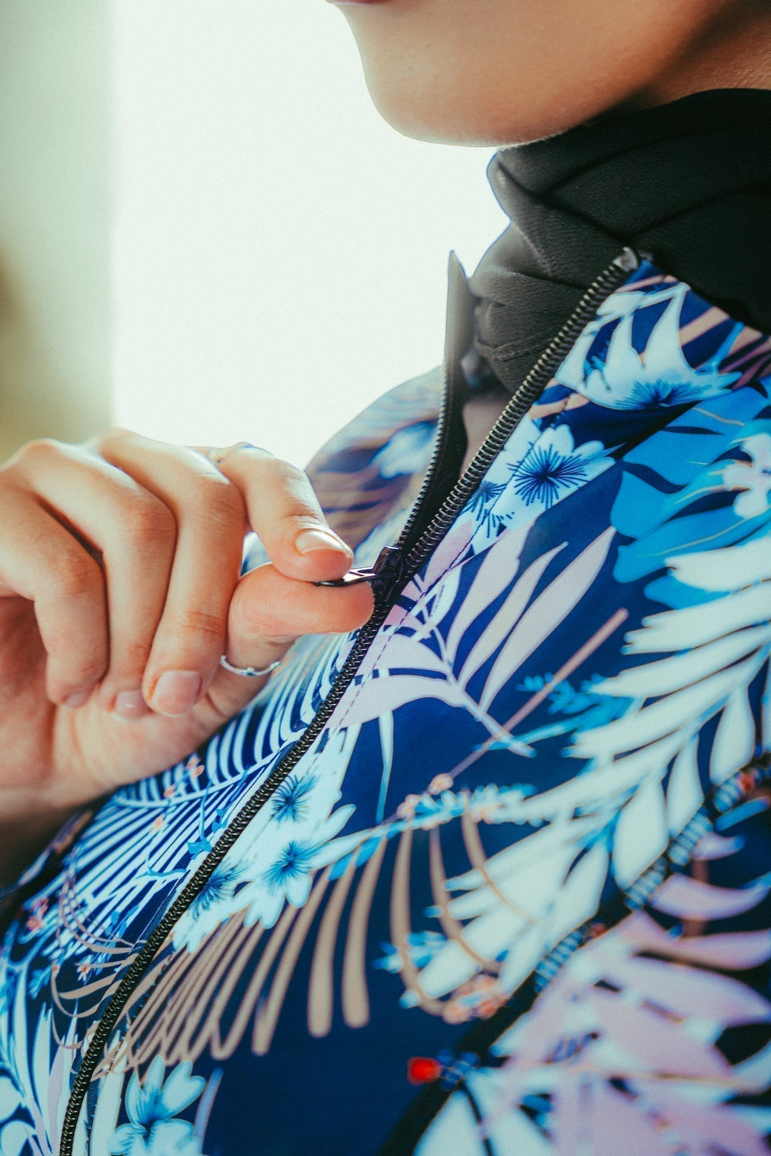 Pink and blue floral zip-up top from 3-piece modest swimsuit