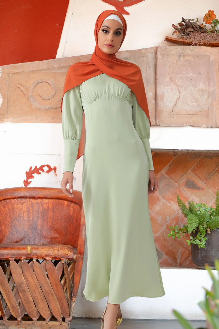 Pistachio Satin Long Sleeve Maxi Dress-CLEARANCE