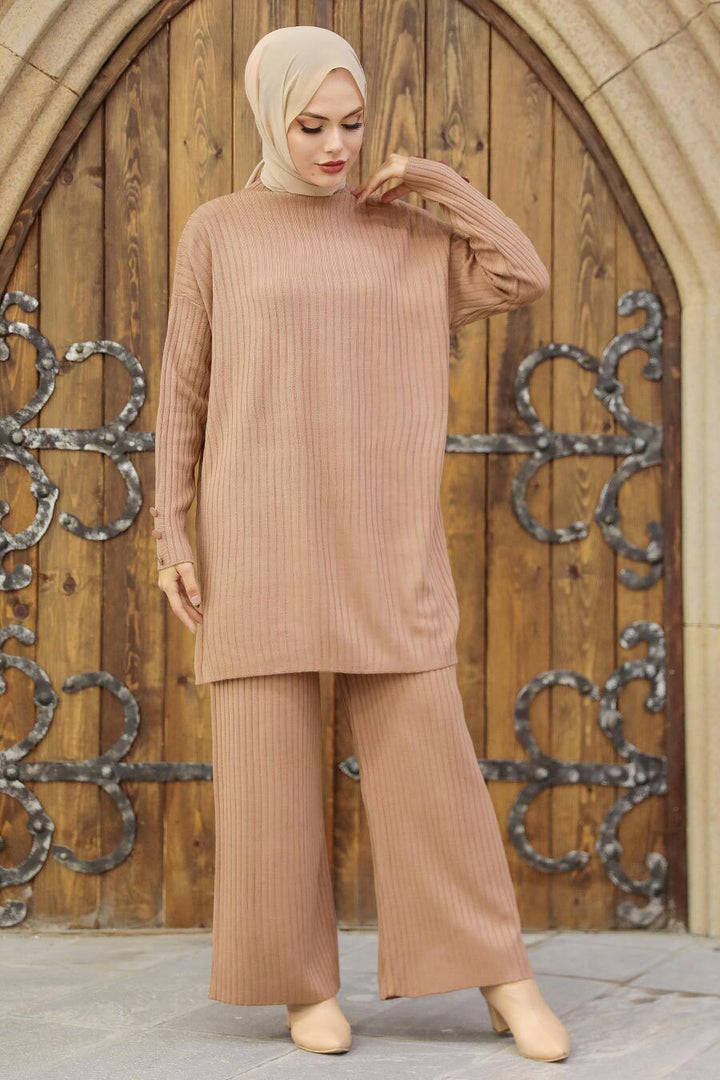 Ribbed Turtleneck Tunic and Pants Set - One Size S-XL / Pink