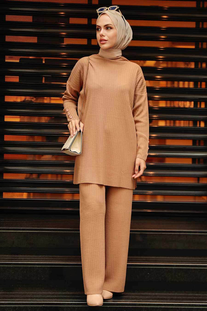 Ribbed Turtleneck Tunic and Pants Set - One Size S-XL / Sand