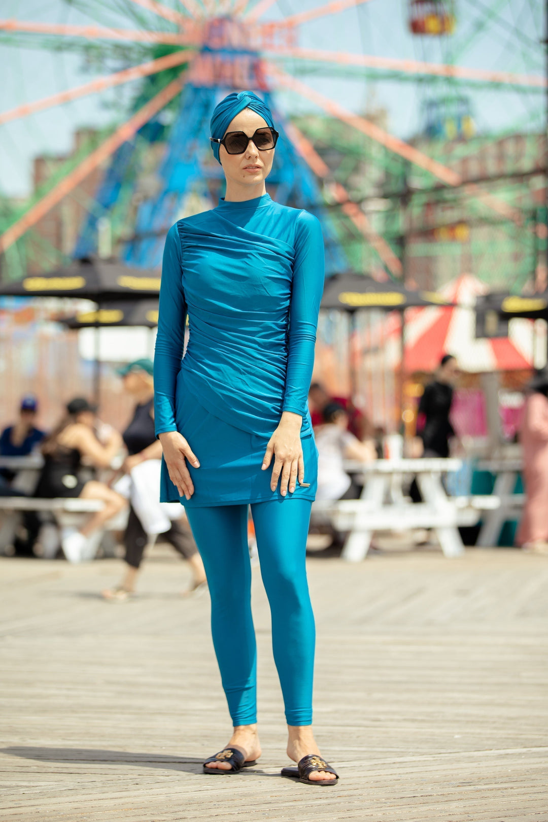 Blue Ruched 3-Piece Modest Swimsuit on Clearance