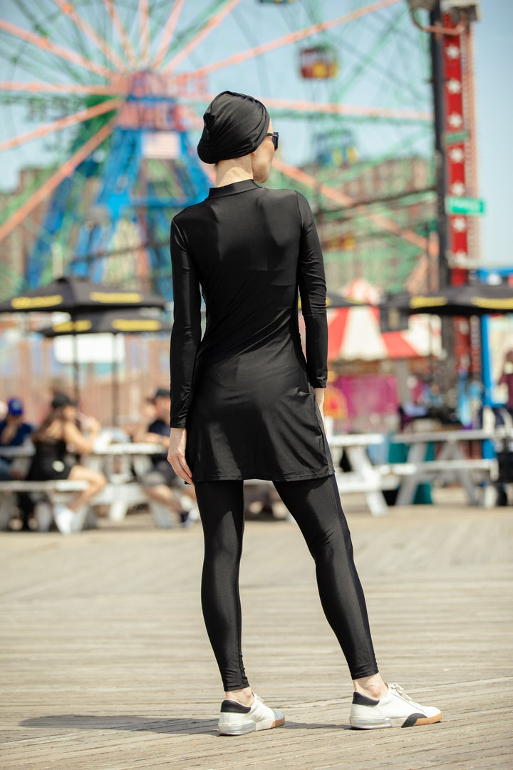 Black ruched 3-piece modest swimsuit in clearance