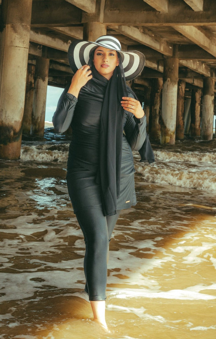 Ruched 3-piece modest swimsuit with hat on clearance