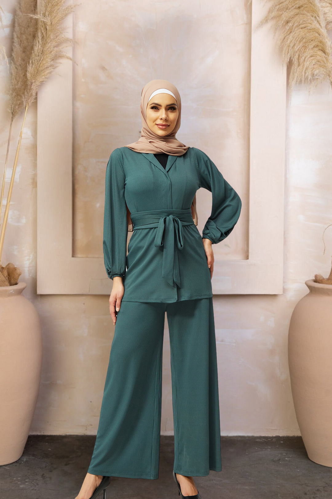 Emerald green modest pantsuit in Teal Belted Ribbed Tunic & Pants Set