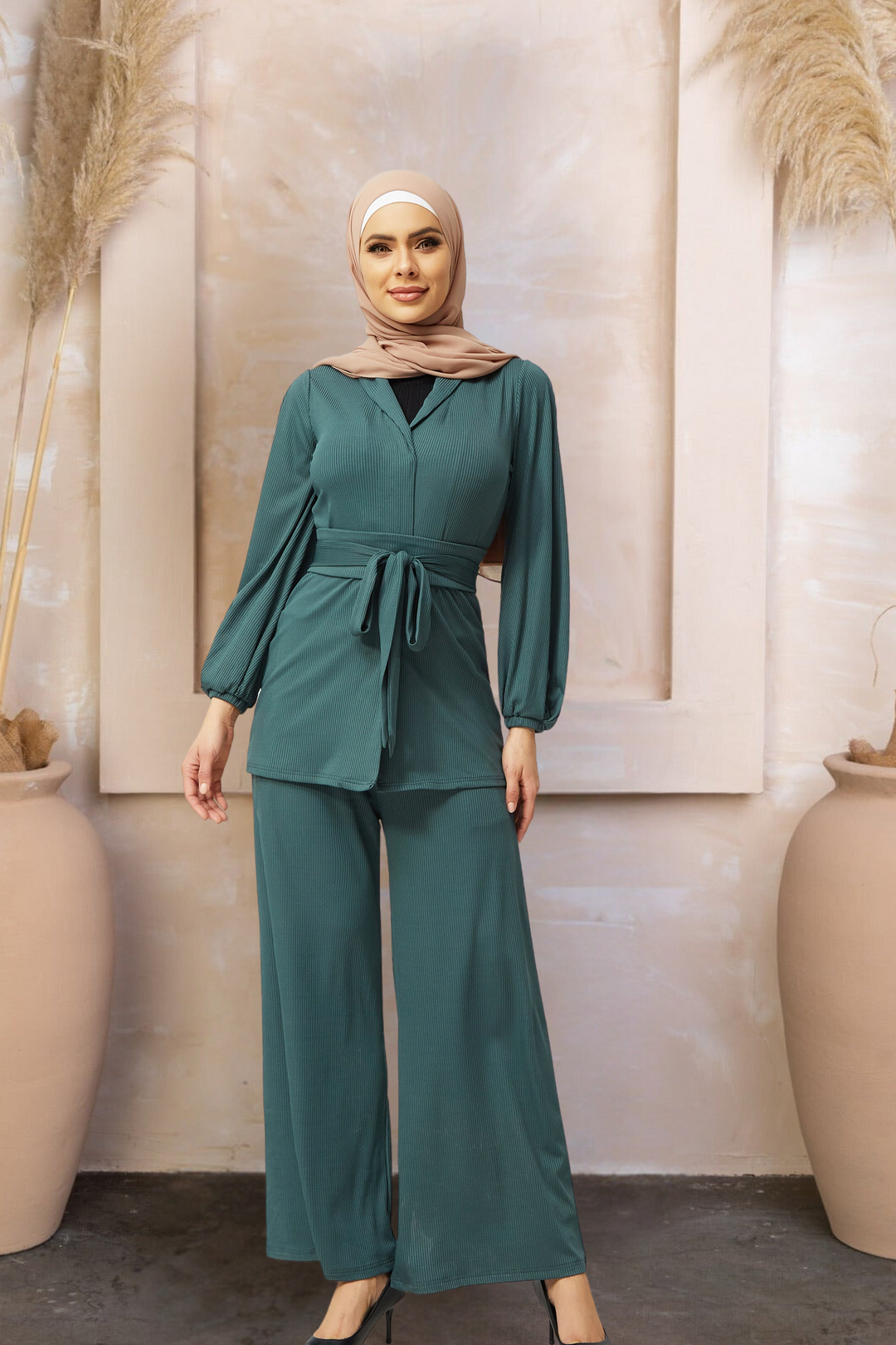 Teal belted ribbed tunic and pants set with hijab