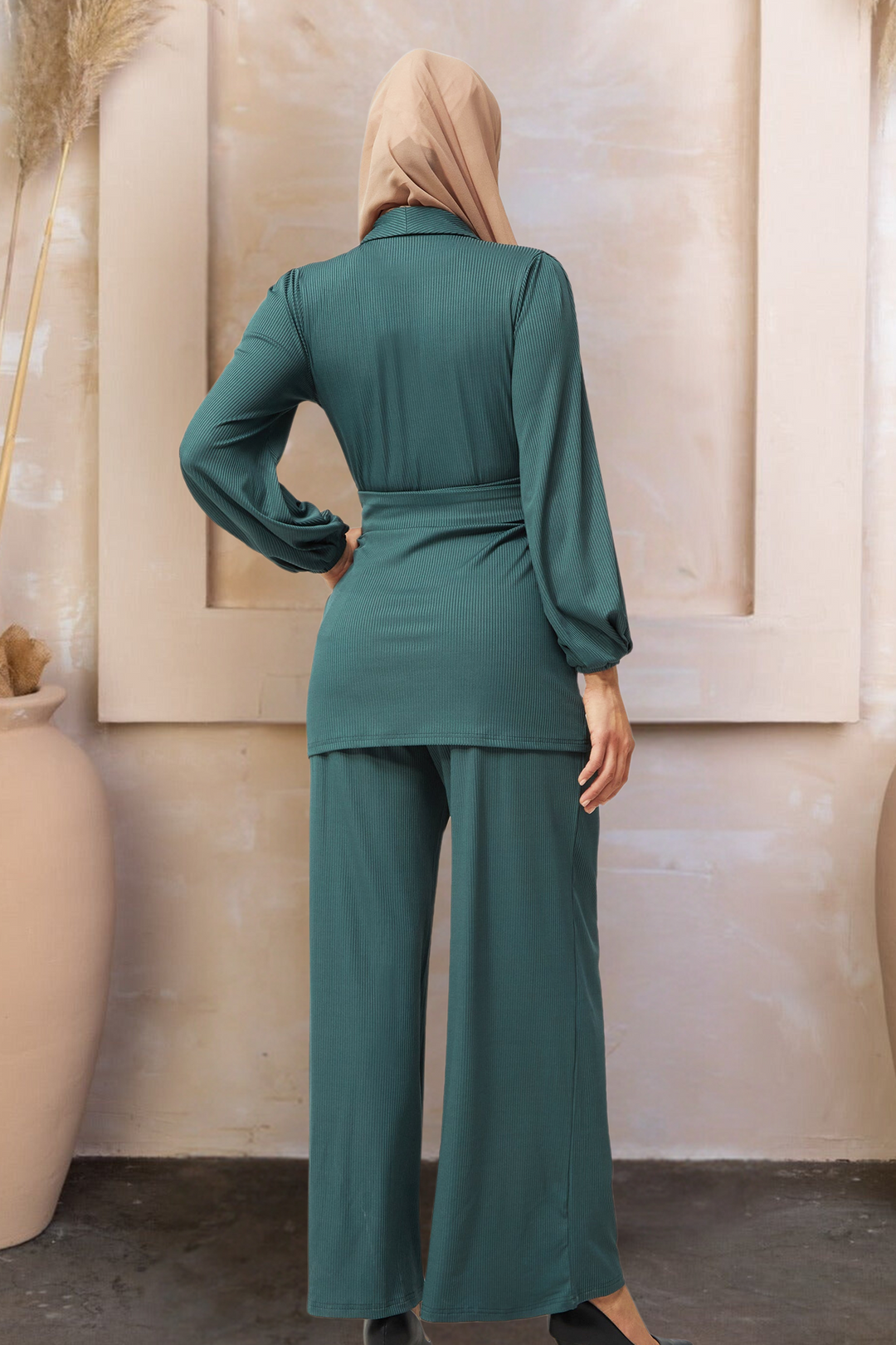 Emerald green modest pantsuit in Teal Belted Ribbed Tunic & Pants Set