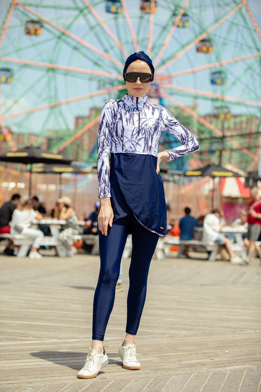 White and navy floral 3-piece modest swimsuit outfit