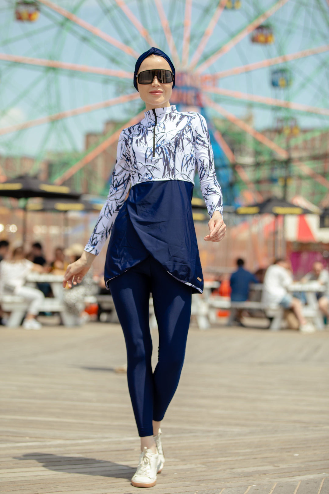 White and Navy Floral 3-Piece Modest Swimsuit Outfit