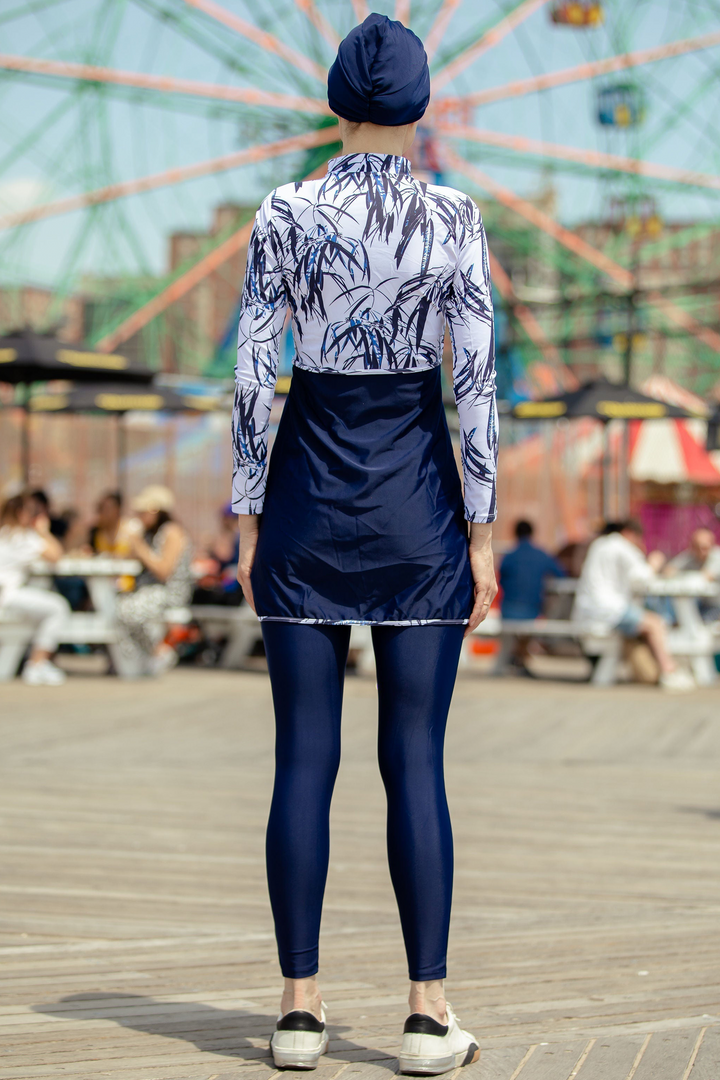 White and navy floral 3-piece modest swimsuit with head covering