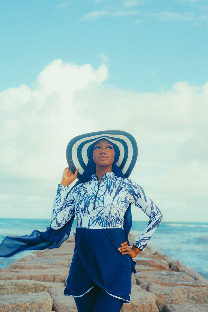 White and Navy Floral 3-Piece Modest Swimsuit with Striped Hat