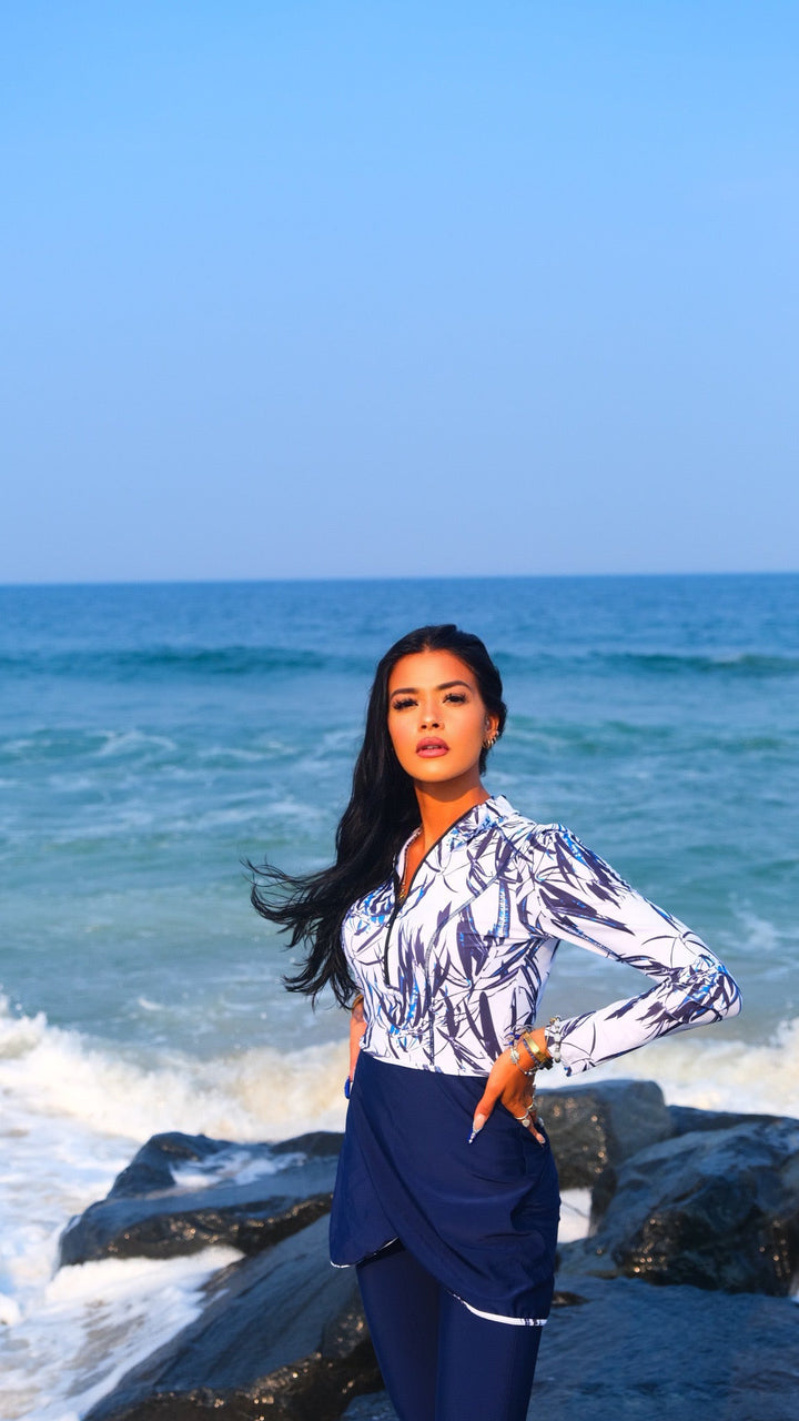 White and Navy Floral 3-Piece Modest Long-Sleeved Swimsuit
