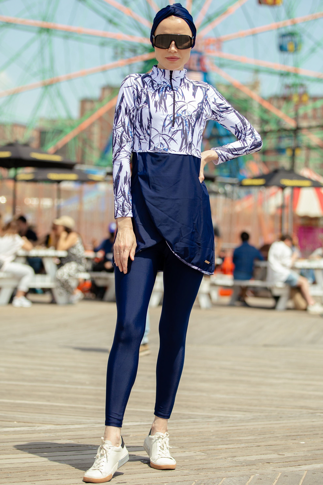 White and Navy Floral 3-Piece Modest Swimsuit