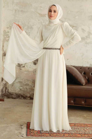 White Rhinestone Belted Chiffon Long Sleeve Gown