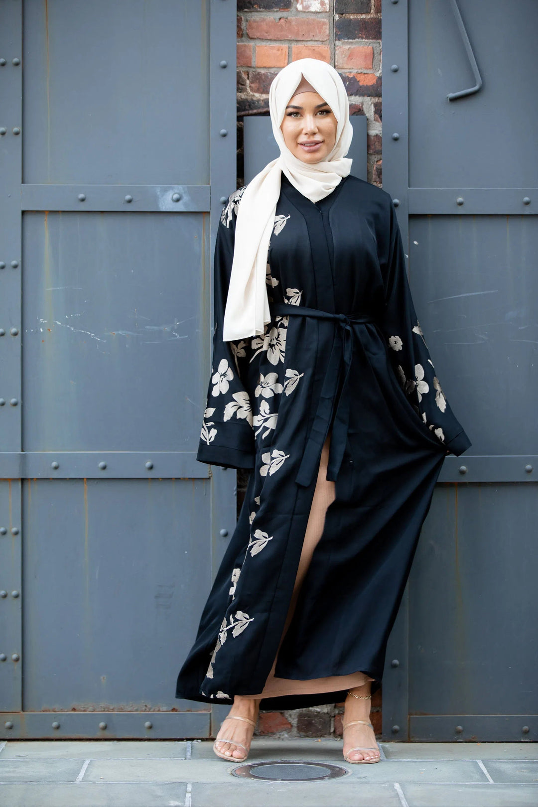 Alayiah Gold Floral Embroidery Open Front Abaya