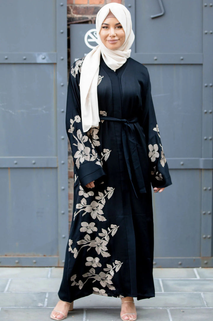 Alayiah Gold Floral Embroidery Open Front Abaya