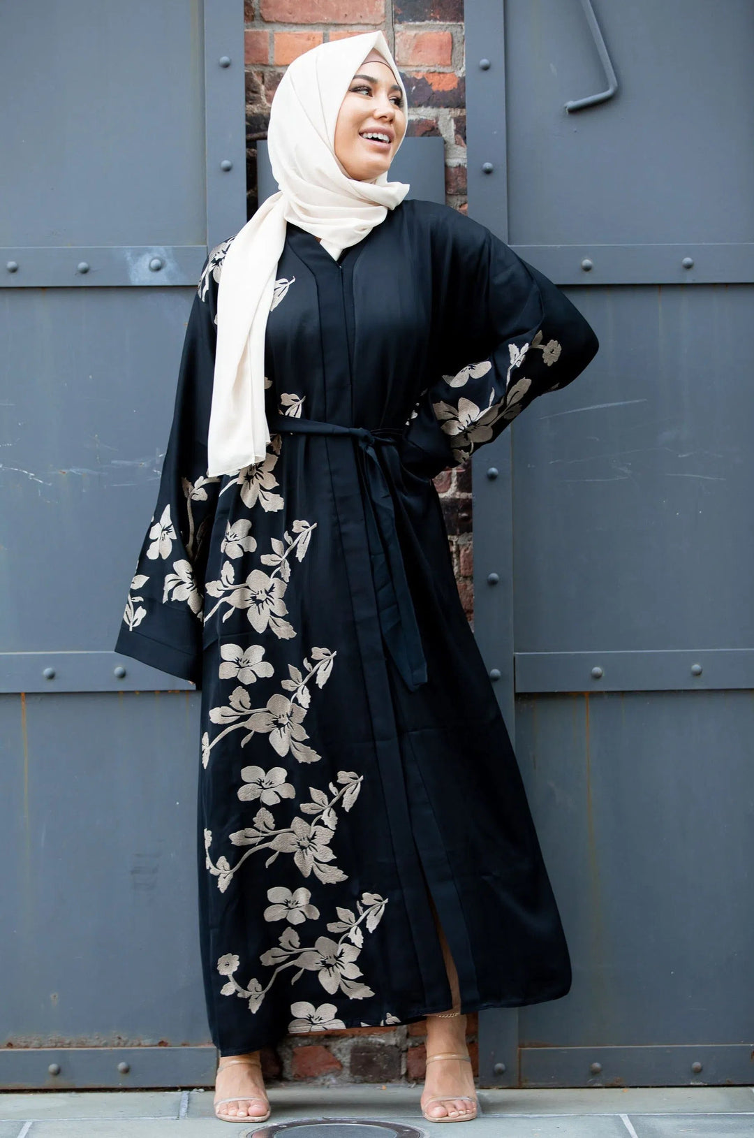 Alayiah Gold Floral Embroidery Open Front Abaya