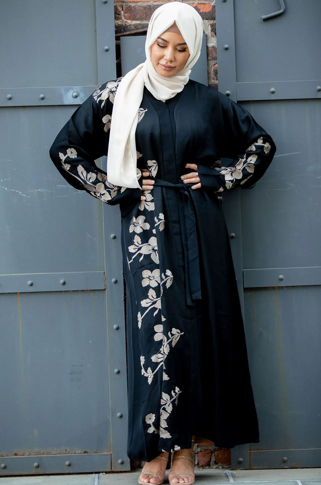 Alayiah Gold Floral Embroidery Open Front Abaya