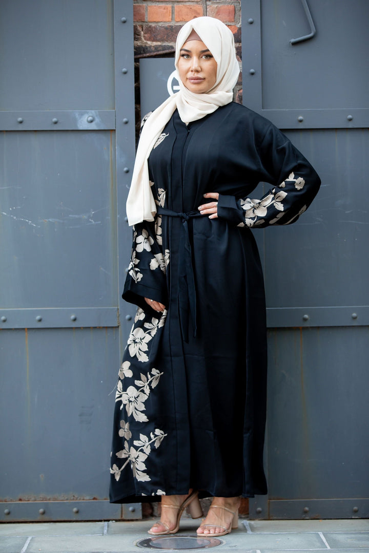 Urban Modesty - Alayiah Gold Floral Embroidery Open Front Abaya