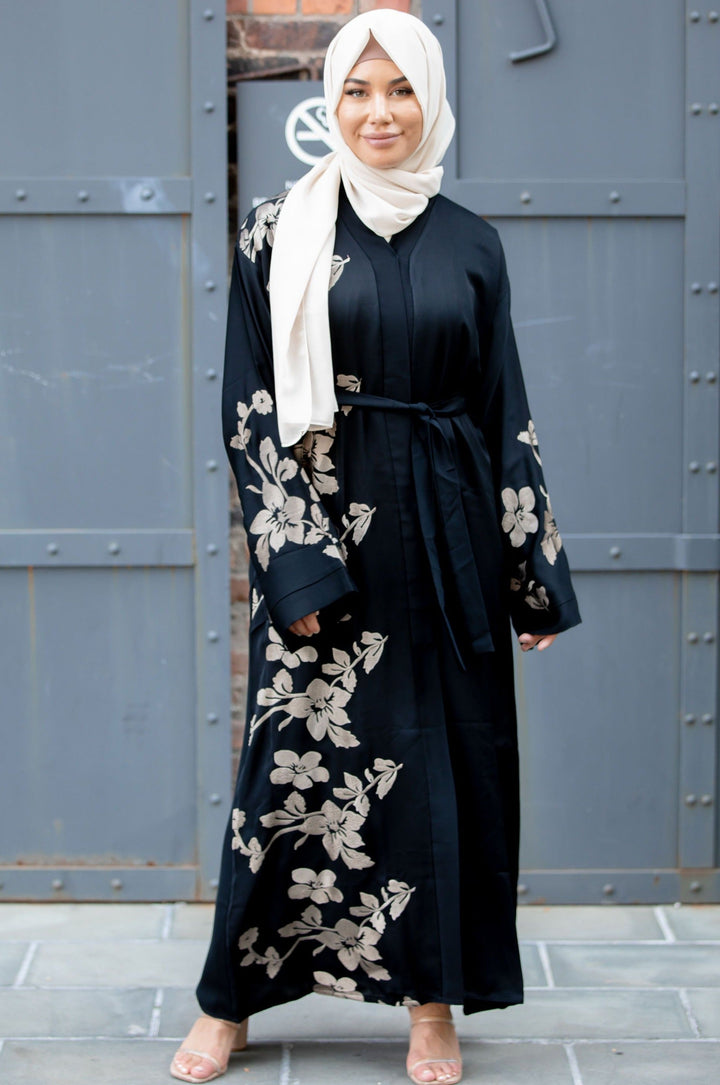 Urban Modesty - Alayiah Gold Floral Embroidery Open Front Abaya