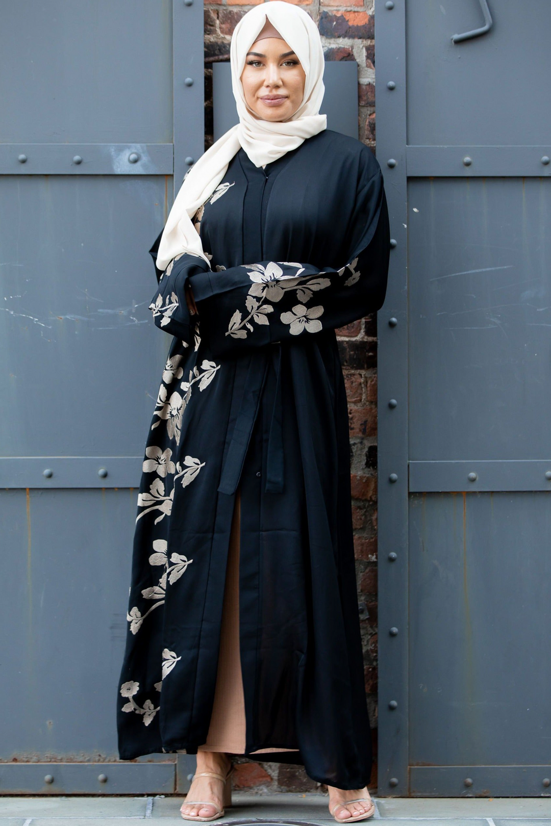 Urban Modesty - Alayiah Gold Floral Embroidery Open Front Abaya-CLEARANCE