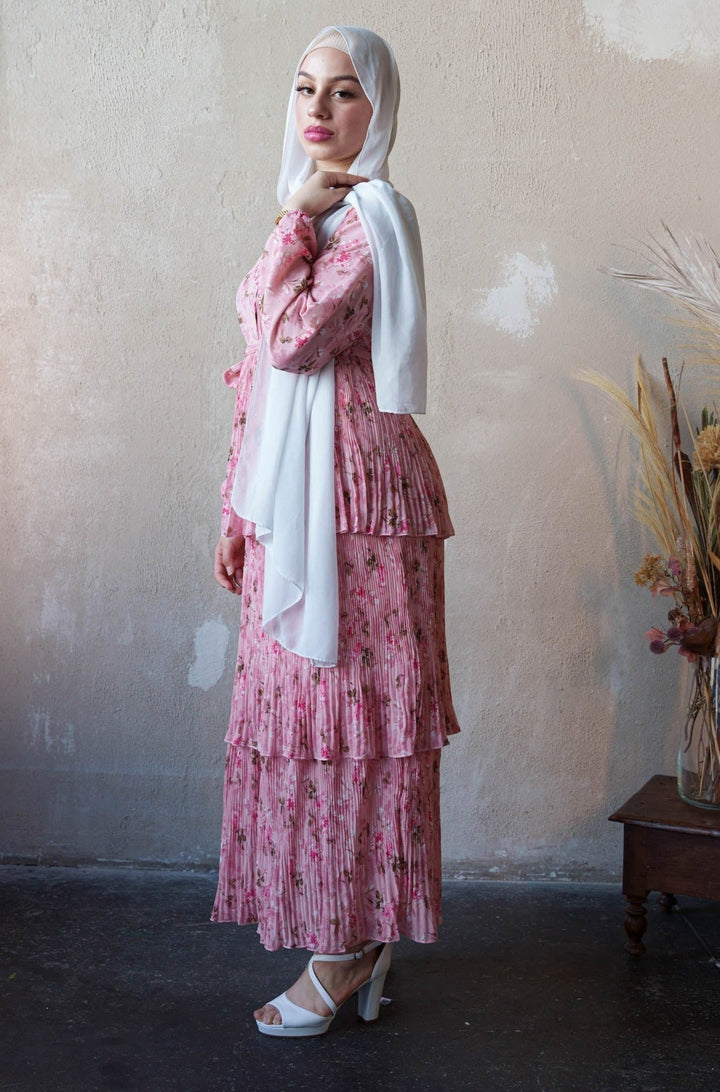 Urban Modesty - All Pink Button Down Cascading Ruffles Floral Print Maxi Dress