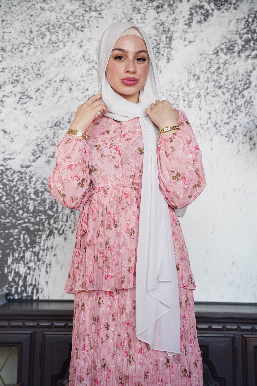 Urban Modesty - All Pink Button Down Cascading Ruffles Floral Print Maxi Dress