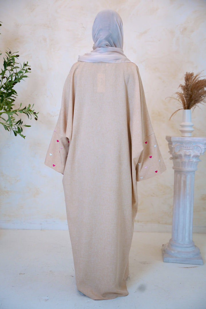 Beige and Pink Heart Emborided Open Front Abaya-CLEARANCE