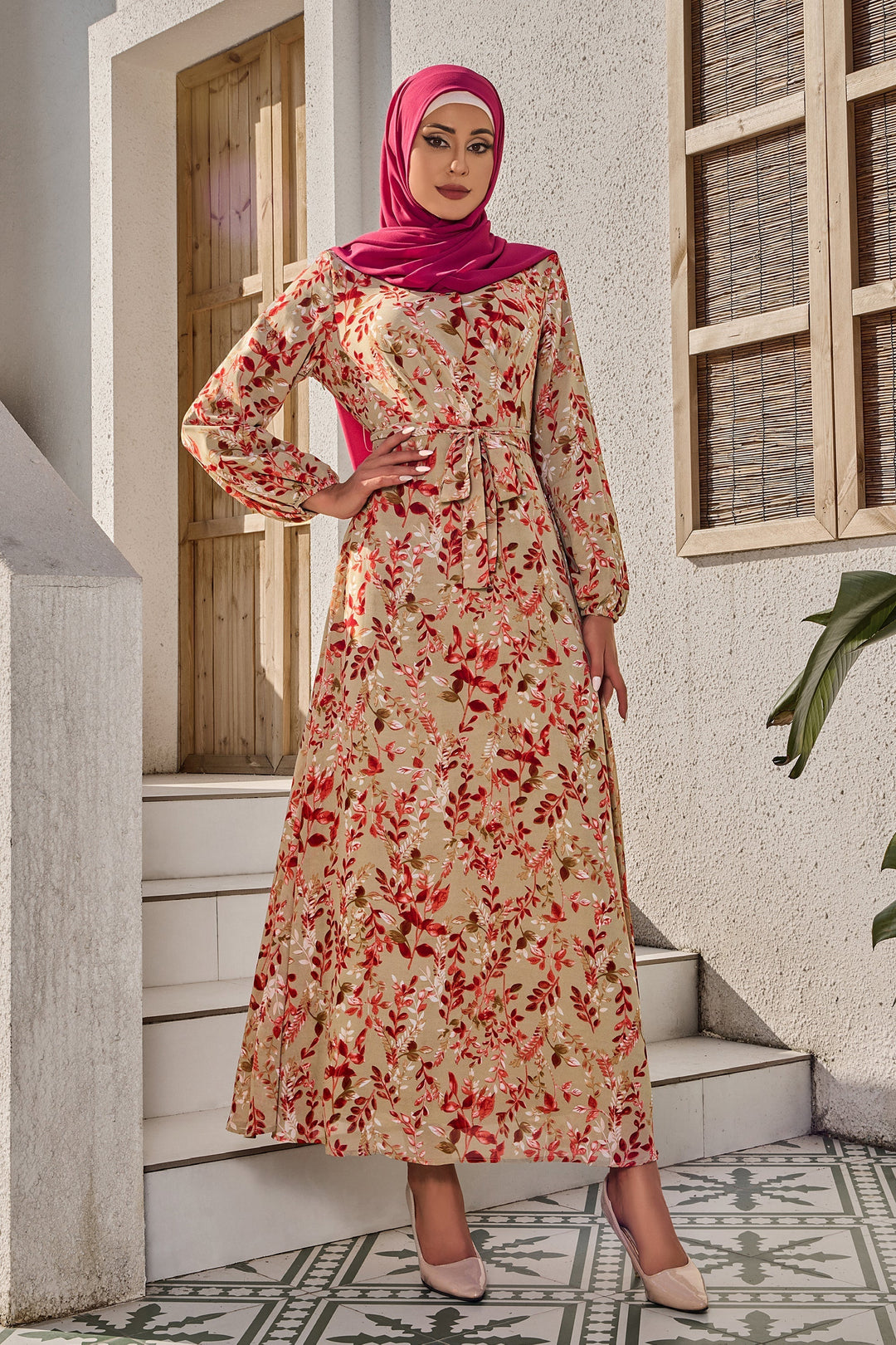 Urban Modesty - Beige and Red Criss Cross Floral Maxi Dress-CLEARANCE