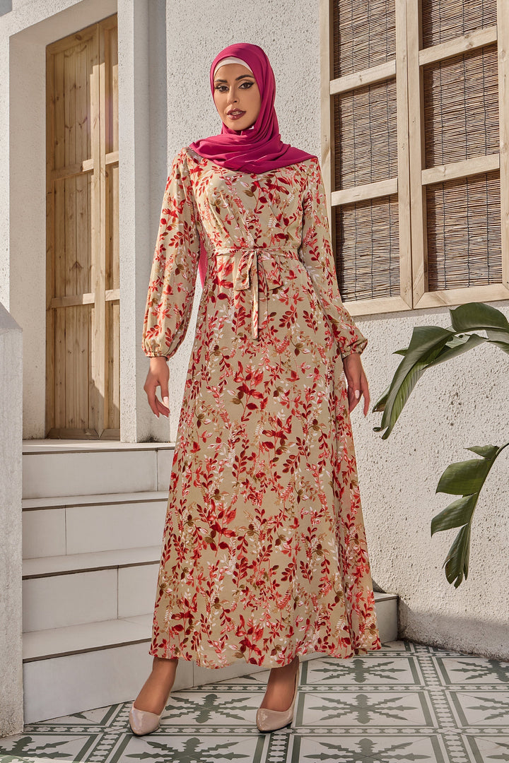 Urban Modesty - Beige and Red Criss Cross Floral Maxi Dress-CLEARANCE