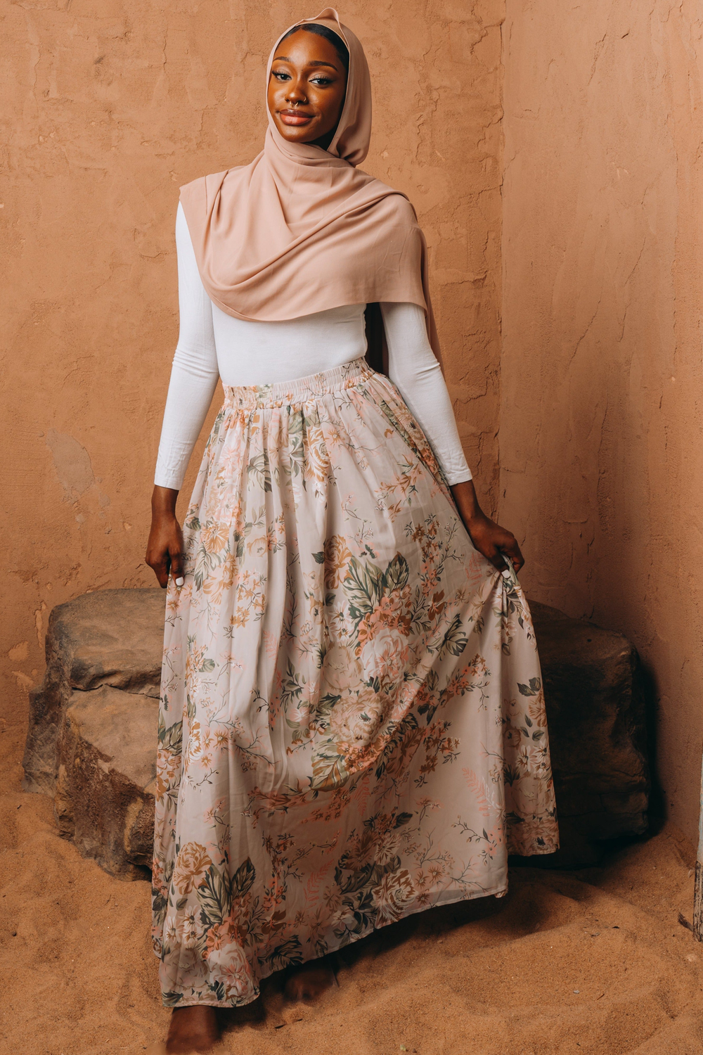 Urban Modesty - Beige Floral Chiffon Maxi Skirt